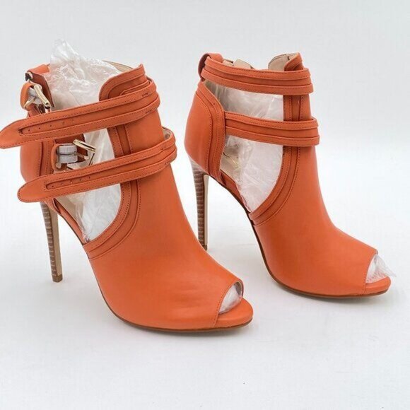 XYD Dark Orange Peep Toe High Heels Buckled Double Straps Cutout Ankle Bootie - Picture 4 of 8